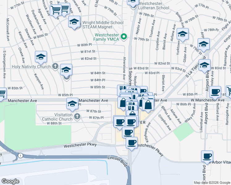 map of restaurants, bars, coffee shops, grocery stores, and more near 6344 West 85th Place in Los Angeles