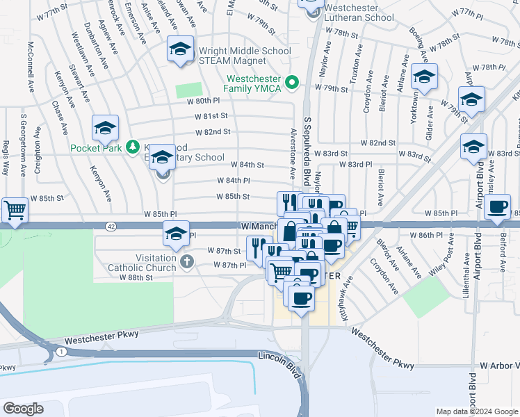 map of restaurants, bars, coffee shops, grocery stores, and more near 6406 West 85th Place in Los Angeles