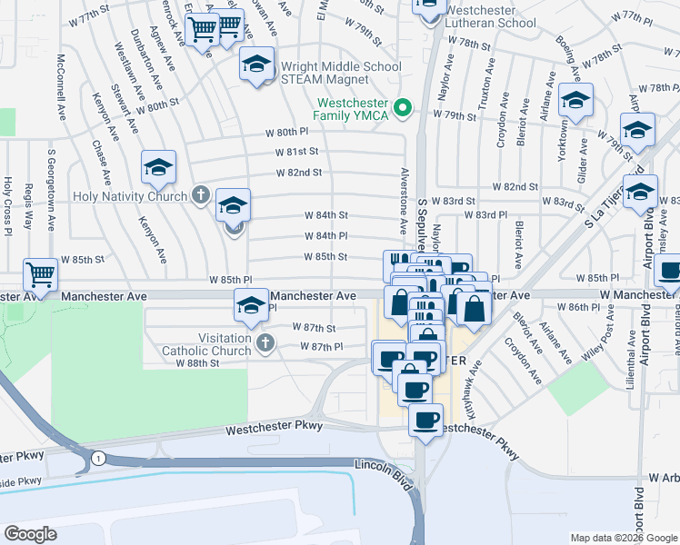 map of restaurants, bars, coffee shops, grocery stores, and more near 6406 West 85th Place in Los Angeles