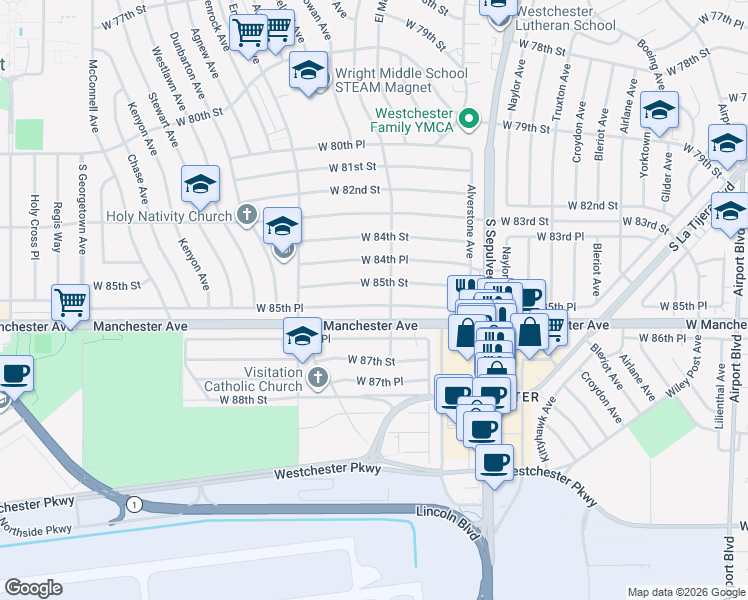 map of restaurants, bars, coffee shops, grocery stores, and more near 6456 West 85th Place in Los Angeles