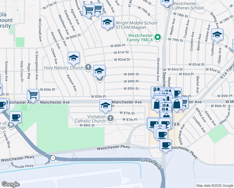 map of restaurants, bars, coffee shops, grocery stores, and more near 6522 West 85th Place in Los Angeles