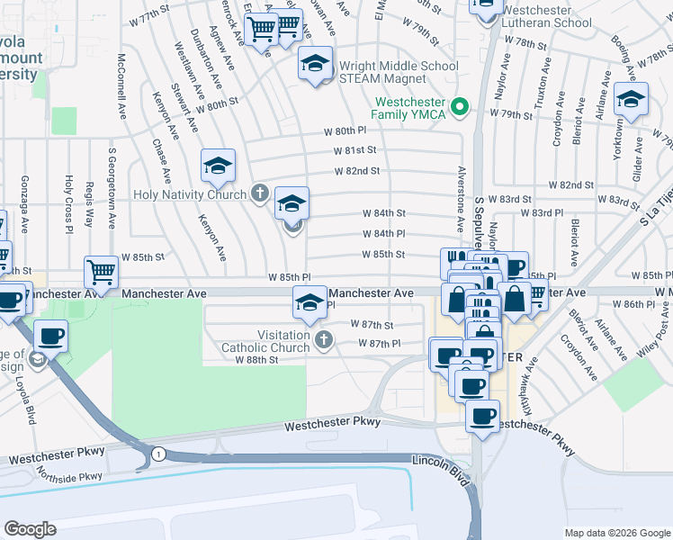 map of restaurants, bars, coffee shops, grocery stores, and more near 6522 West 85th Place in Los Angeles