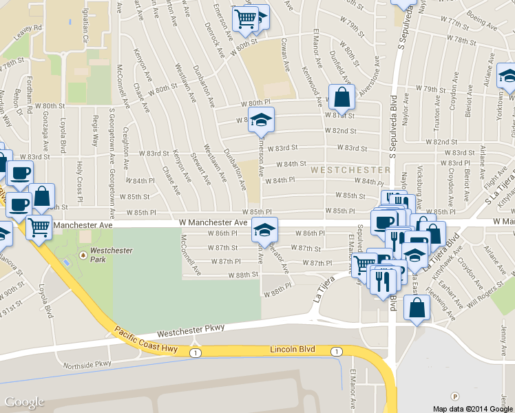 map of restaurants, bars, coffee shops, grocery stores, and more near 6581 West Manchester Avenue in Los Angeles