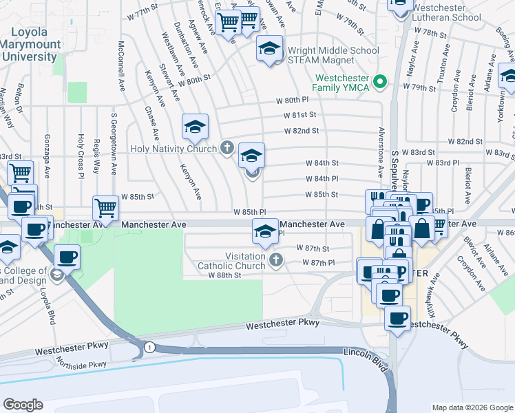 map of restaurants, bars, coffee shops, grocery stores, and more near 6581 West Manchester Avenue in Los Angeles