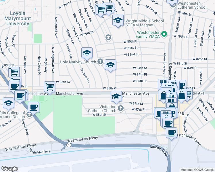 map of restaurants, bars, coffee shops, grocery stores, and more near 6630 West 85th Place in Los Angeles