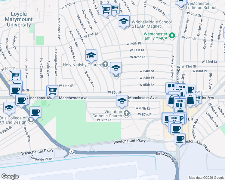 map of restaurants, bars, coffee shops, grocery stores, and more near 6630 West 85th Place in Los Angeles
