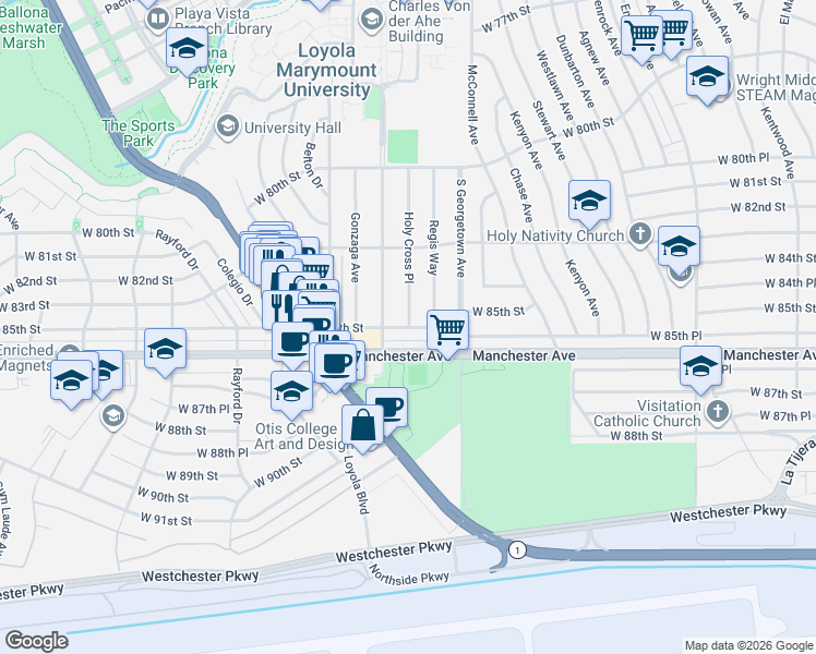 map of restaurants, bars, coffee shops, grocery stores, and more near 7071 1/2 West Manchester Avenue in Los Angeles