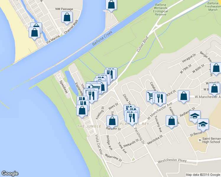 map of restaurants, bars, coffee shops, grocery stores, and more near 380 Pershing Drive in Los Angeles