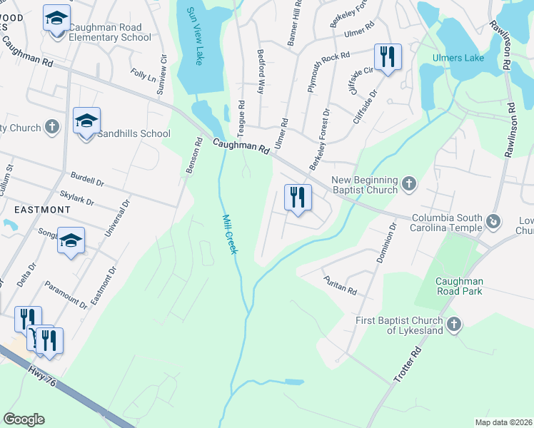 map of restaurants, bars, coffee shops, grocery stores, and more near 451 Guard Tower Lane in Columbia