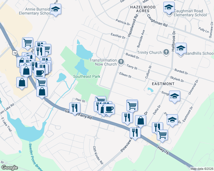 map of restaurants, bars, coffee shops, grocery stores, and more near 1000 Hazelwood Road in Columbia
