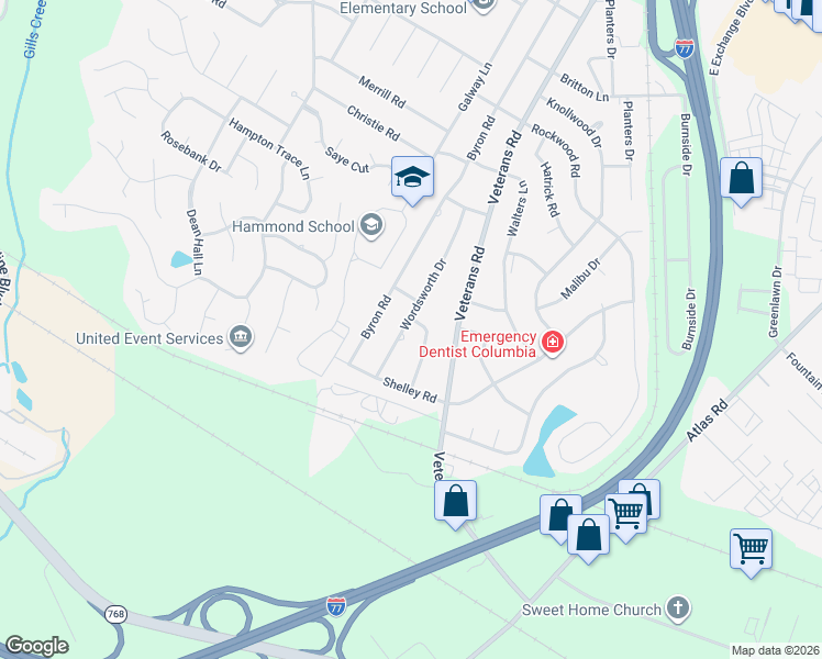 map of restaurants, bars, coffee shops, grocery stores, and more near 1026 Wordsworth Drive in Columbia