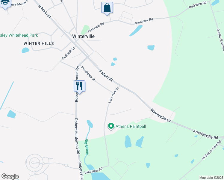 map of restaurants, bars, coffee shops, grocery stores, and more near 200 Lakeview Drive in Winterville