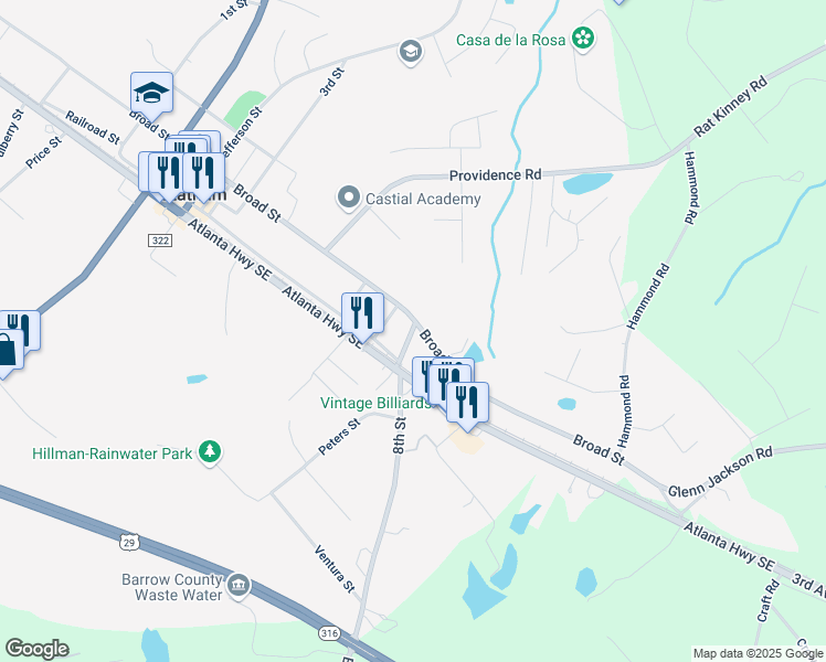 map of restaurants, bars, coffee shops, grocery stores, and more near 258 Abbott Road in Winder