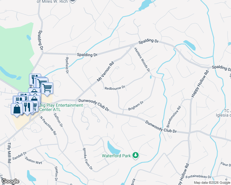 map of restaurants, bars, coffee shops, grocery stores, and more near 7465 Brigham Drive in Atlanta