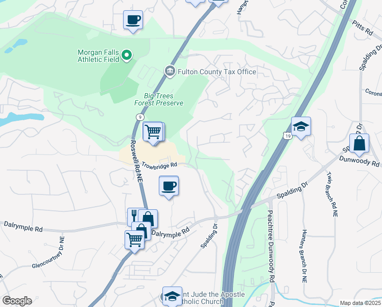 map of restaurants, bars, coffee shops, grocery stores, and more near 7450 Trowbridge Road in Atlanta