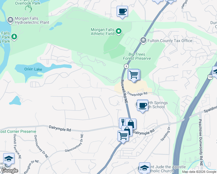 map of restaurants, bars, coffee shops, grocery stores, and more near 115 Trowbridge Road in Atlanta