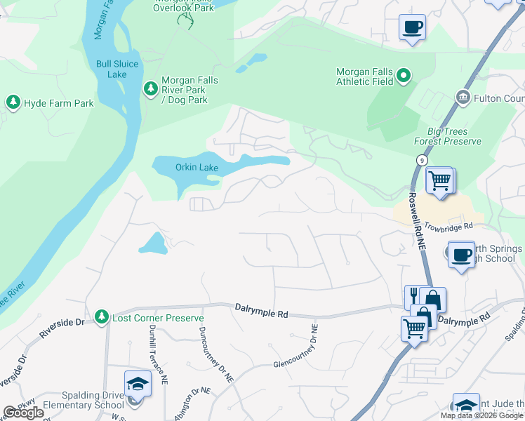 map of restaurants, bars, coffee shops, grocery stores, and more near 795 Old Campus Trail Northeast in Sandy Springs