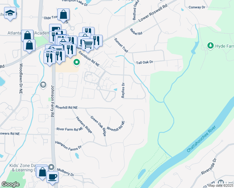 map of restaurants, bars, coffee shops, grocery stores, and more near 5053 Gardenia Circle in Marietta