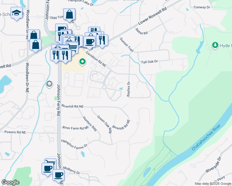 map of restaurants, bars, coffee shops, grocery stores, and more near 5028 Gardenia Circle in Marietta