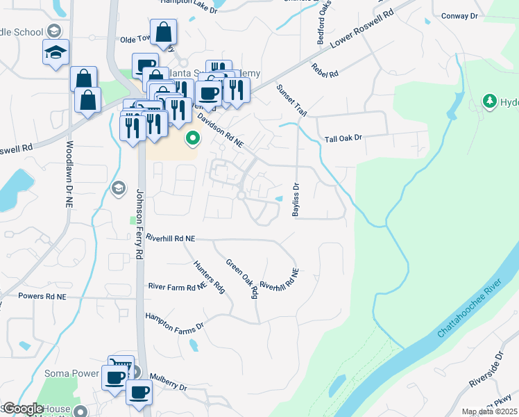map of restaurants, bars, coffee shops, grocery stores, and more near 5027 Gardenia Circle in Marietta