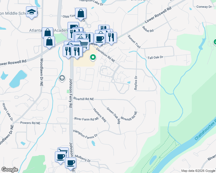 map of restaurants, bars, coffee shops, grocery stores, and more near 5059 Meadow Lane in Marietta