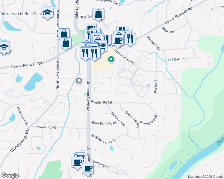 map of restaurants, bars, coffee shops, grocery stores, and more near 5014 Meadow Lane in Marietta