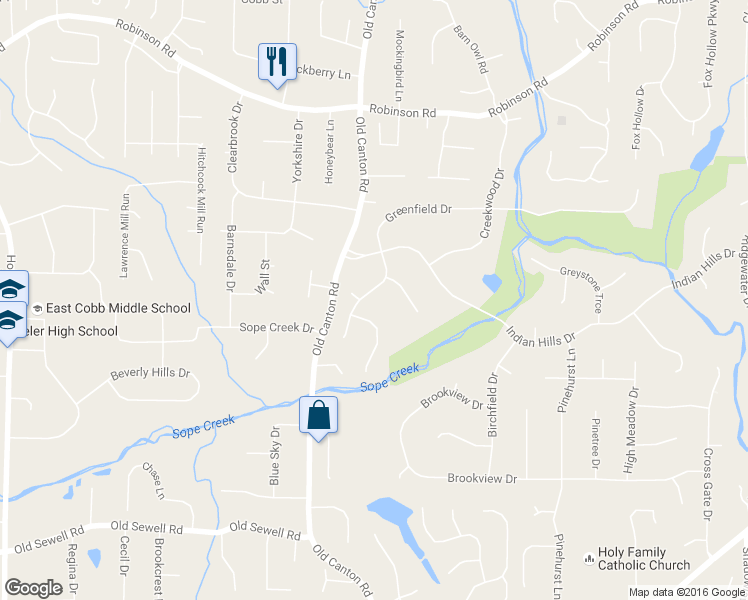 map of restaurants, bars, coffee shops, grocery stores, and more near 333 Greenfield Court in Marietta