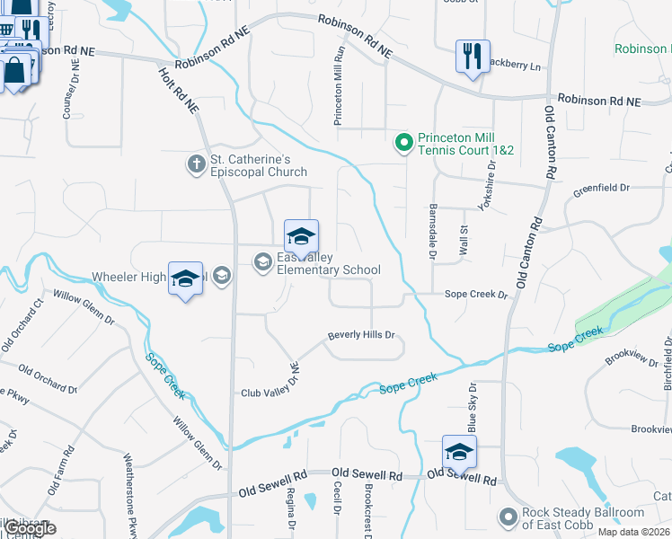 map of restaurants, bars, coffee shops, grocery stores, and more near 2734 Okawana Drive South East in Marietta