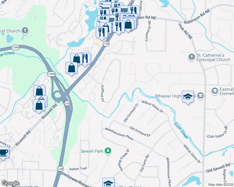 map of restaurants, bars, coffee shops, grocery stores, and more near 427 Guilford Circle in Marietta