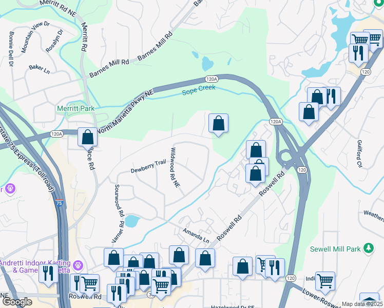 map of restaurants, bars, coffee shops, grocery stores, and more near 1585 Dewberry Trail in Marietta