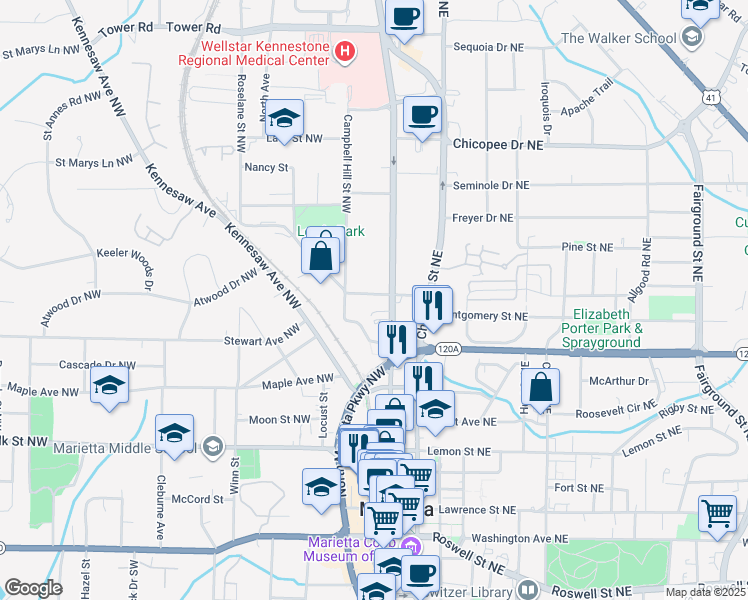 map of restaurants, bars, coffee shops, grocery stores, and more near 343 Church Street in Marietta