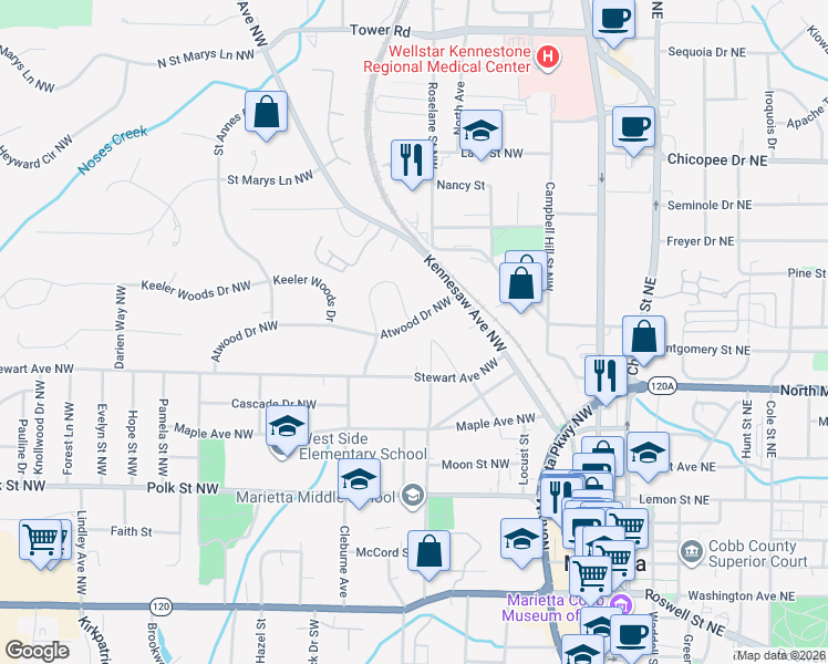 map of restaurants, bars, coffee shops, grocery stores, and more near 199 Atwood Drive Northwest in Marietta