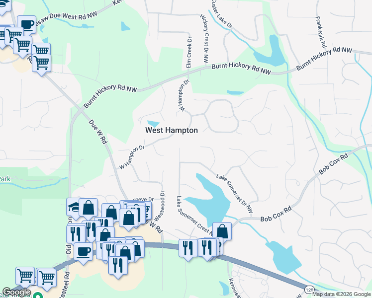 map of restaurants, bars, coffee shops, grocery stores, and more near 147 Lake Somerset Drive Northwest in Marietta