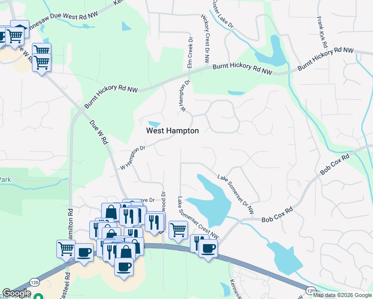 map of restaurants, bars, coffee shops, grocery stores, and more near 147 Lake Somerset Drive Northwest in Marietta