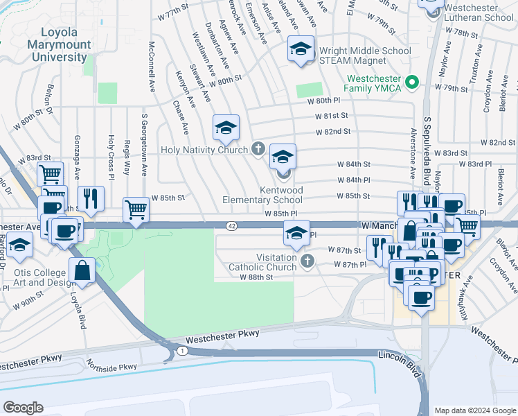 map of restaurants, bars, coffee shops, grocery stores, and more near 8383 Westlawn Avenue in Los Angeles