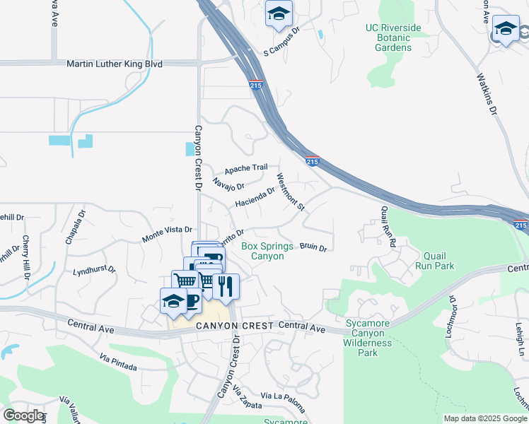map of restaurants, bars, coffee shops, grocery stores, and more near 5140 Caldera Court in Riverside