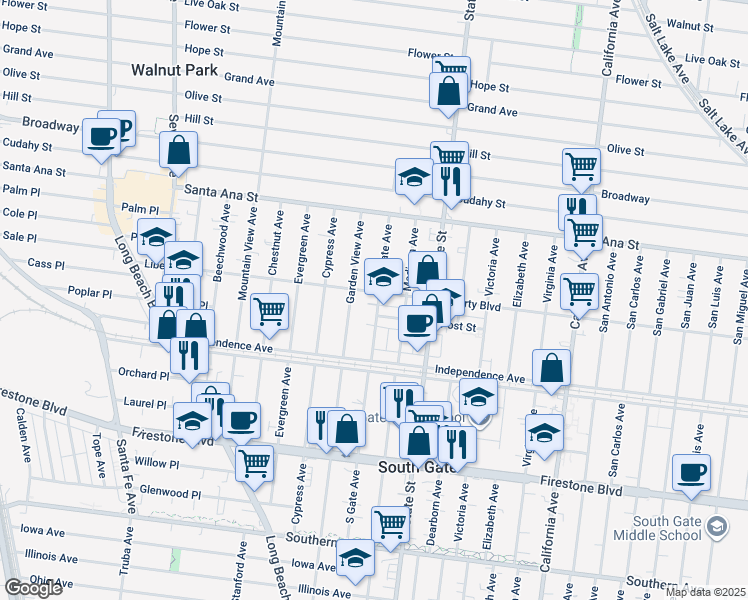 map of restaurants, bars, coffee shops, grocery stores, and more near 3150 Post Street in South Gate