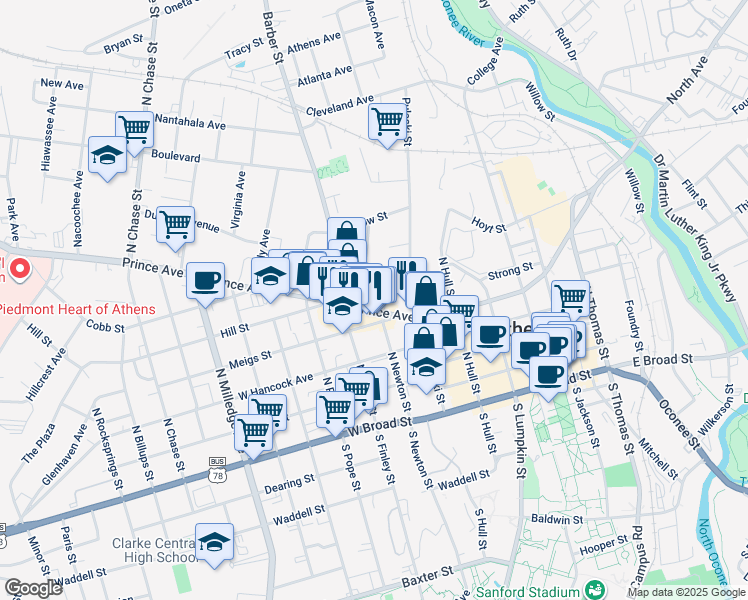 map of restaurants, bars, coffee shops, grocery stores, and more near 248 Prince Avenue in Athens