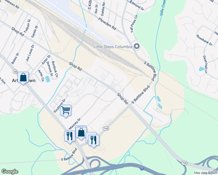 map of restaurants, bars, coffee shops, grocery stores, and more near Shop Road in Columbia