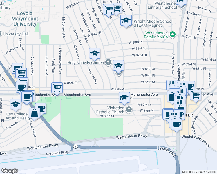 map of restaurants, bars, coffee shops, grocery stores, and more near 8383 Westlawn Avenue in Los Angeles
