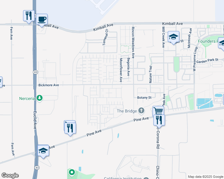 map of restaurants, bars, coffee shops, grocery stores, and more near 7633 Bickmore Avenue in Chino