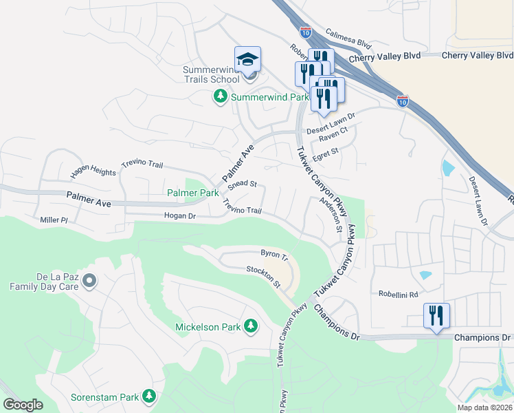 map of restaurants, bars, coffee shops, grocery stores, and more near 11265 Runyan Road in Beaumont