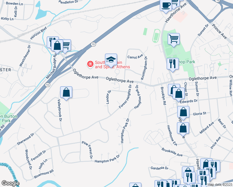 map of restaurants, bars, coffee shops, grocery stores, and more near 135 Landor Drive in Athens
