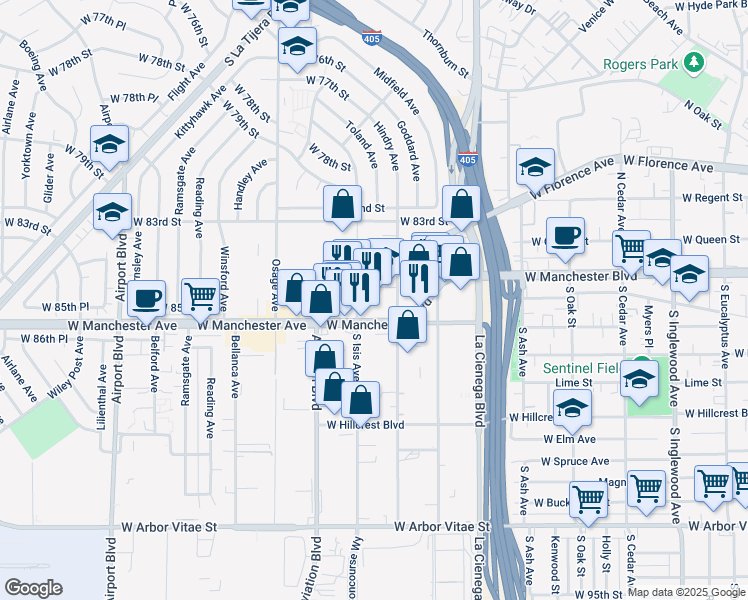 map of restaurants, bars, coffee shops, grocery stores, and more near 1000 West Manchester Boulevard in Inglewood