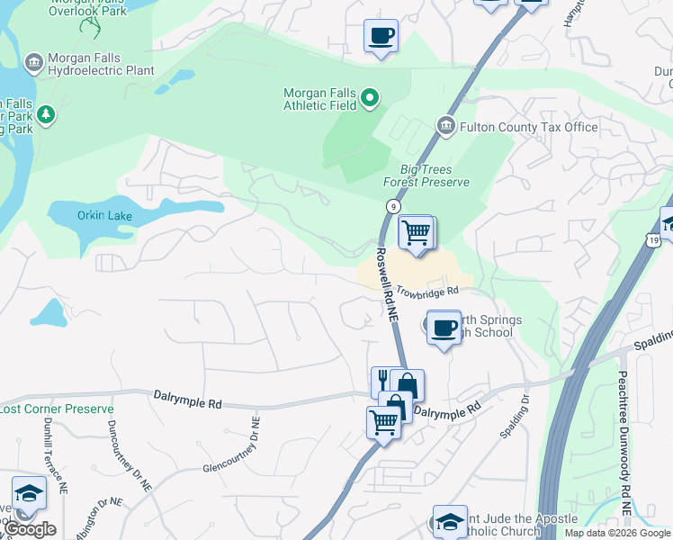 map of restaurants, bars, coffee shops, grocery stores, and more near 115 Trowbridge Road in Atlanta