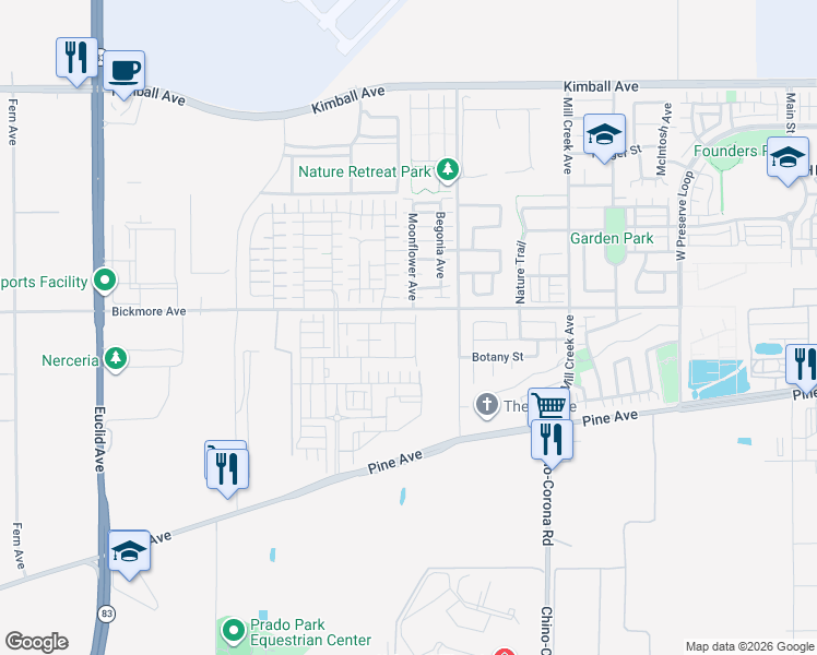 map of restaurants, bars, coffee shops, grocery stores, and more near 7633 Bickmore Avenue in Chino