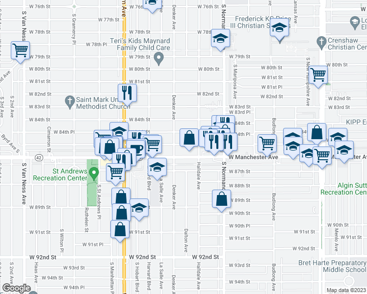 map of restaurants, bars, coffee shops, grocery stores, and more near 1540 West 85th Street in Los Angeles
