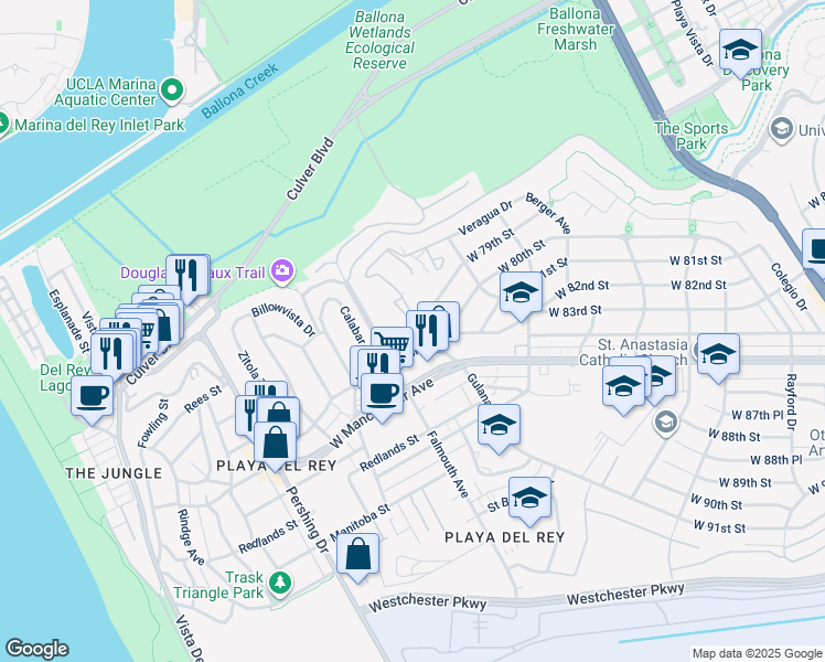 map of restaurants, bars, coffee shops, grocery stores, and more near 8020 West 83rd Street in Los Angeles