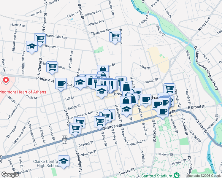 map of restaurants, bars, coffee shops, grocery stores, and more near 297 Prince Avenue in Athens