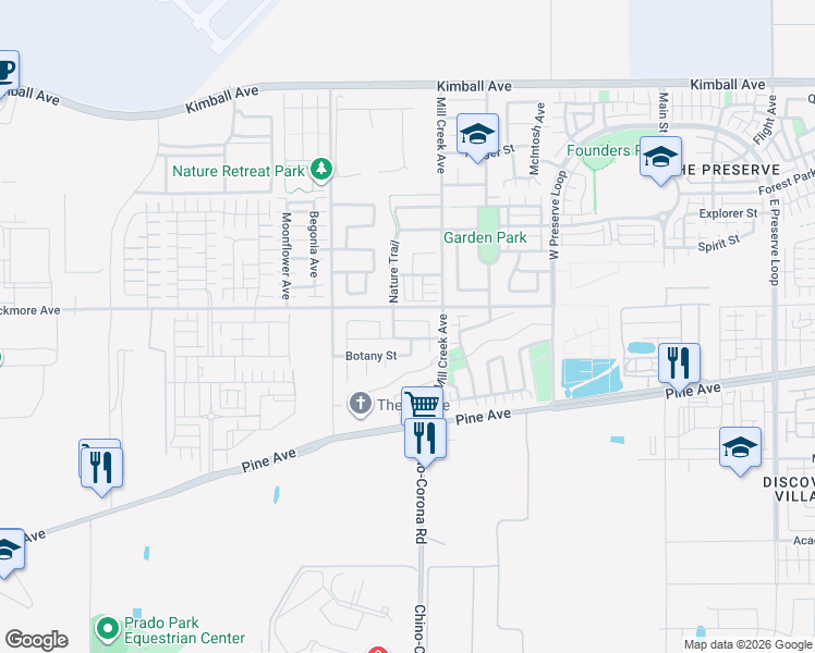 map of restaurants, bars, coffee shops, grocery stores, and more near 16176 Freshwater Lane in Chino